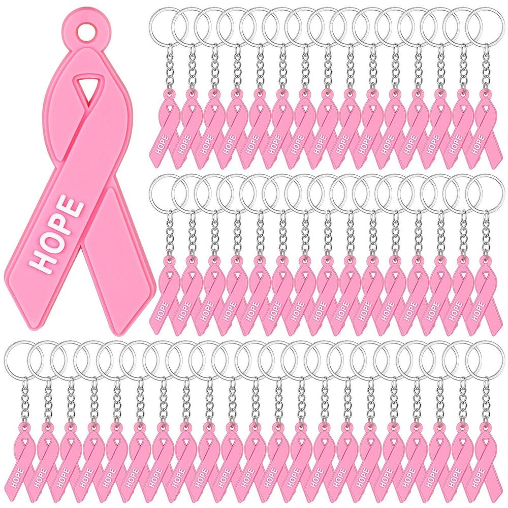 1191 100 Pcs Breast Cancer Awareness Keychain Bulk Pink Ribbon Pendants
